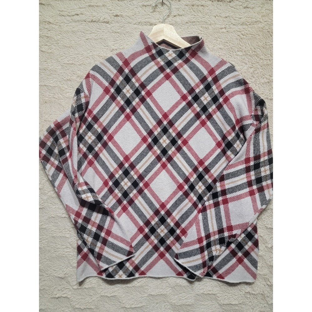 Tahari Women Red Black White Plaid Mock Neck Long Sleeve Sweater Size Large